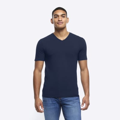 Navy muscle fit V neck tshirt River Island
