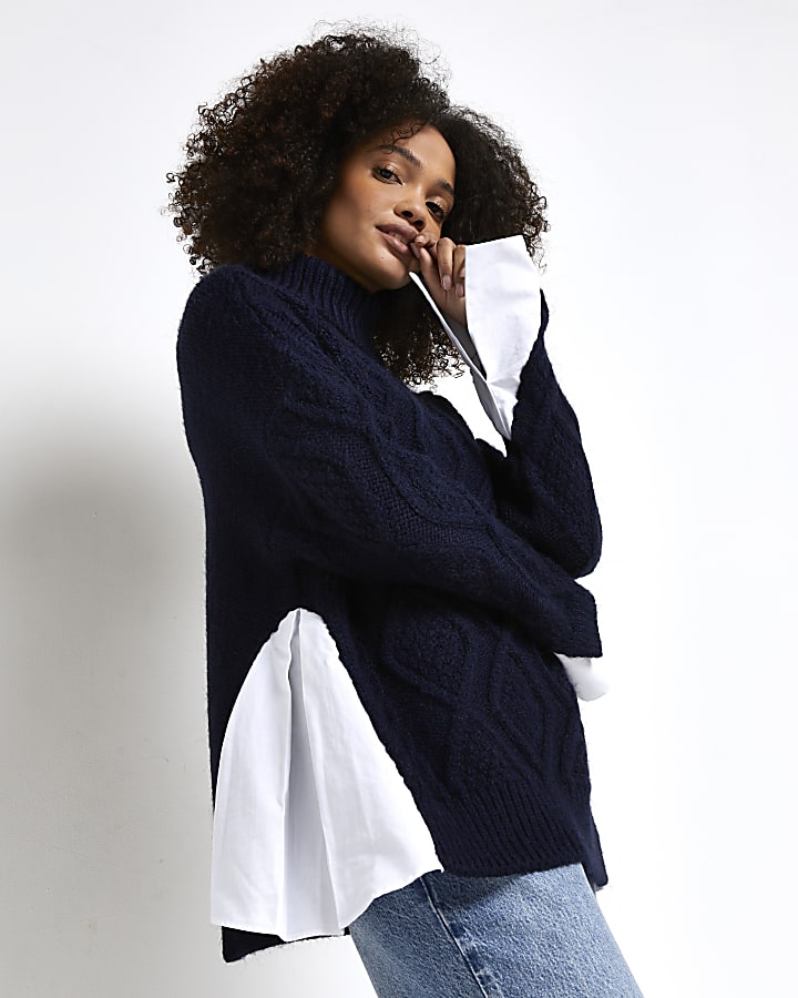 Navy oversized cable knit shirt jumper
