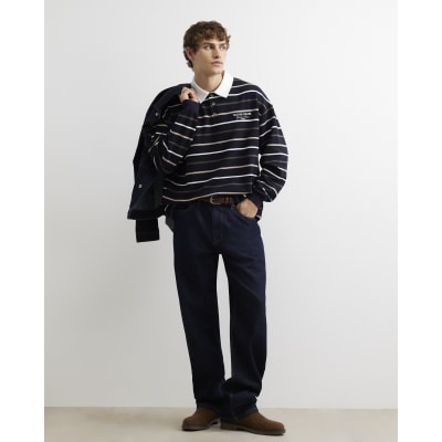 Navy Oversized Fit Cotton Stripe Rugby Shirt