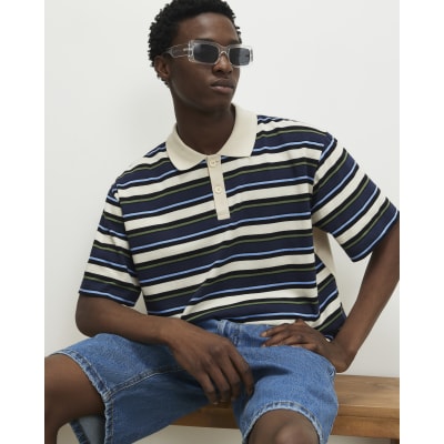 Navy Oversized Fit Stripe Polo Shirt | River Island