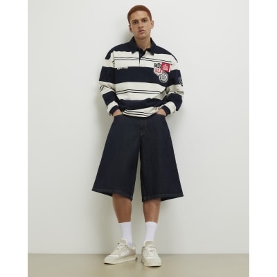 Navy Oversized Fit Stripe Rugby Polo Shirt
