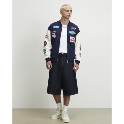 Navy Oversized Varsity Patch Bomber Jacket