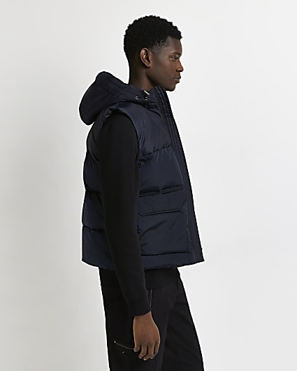 Navy patch pocket hooded puffer gilet