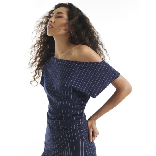 River Island Navy Pinstripe Asymmetric Drape Top