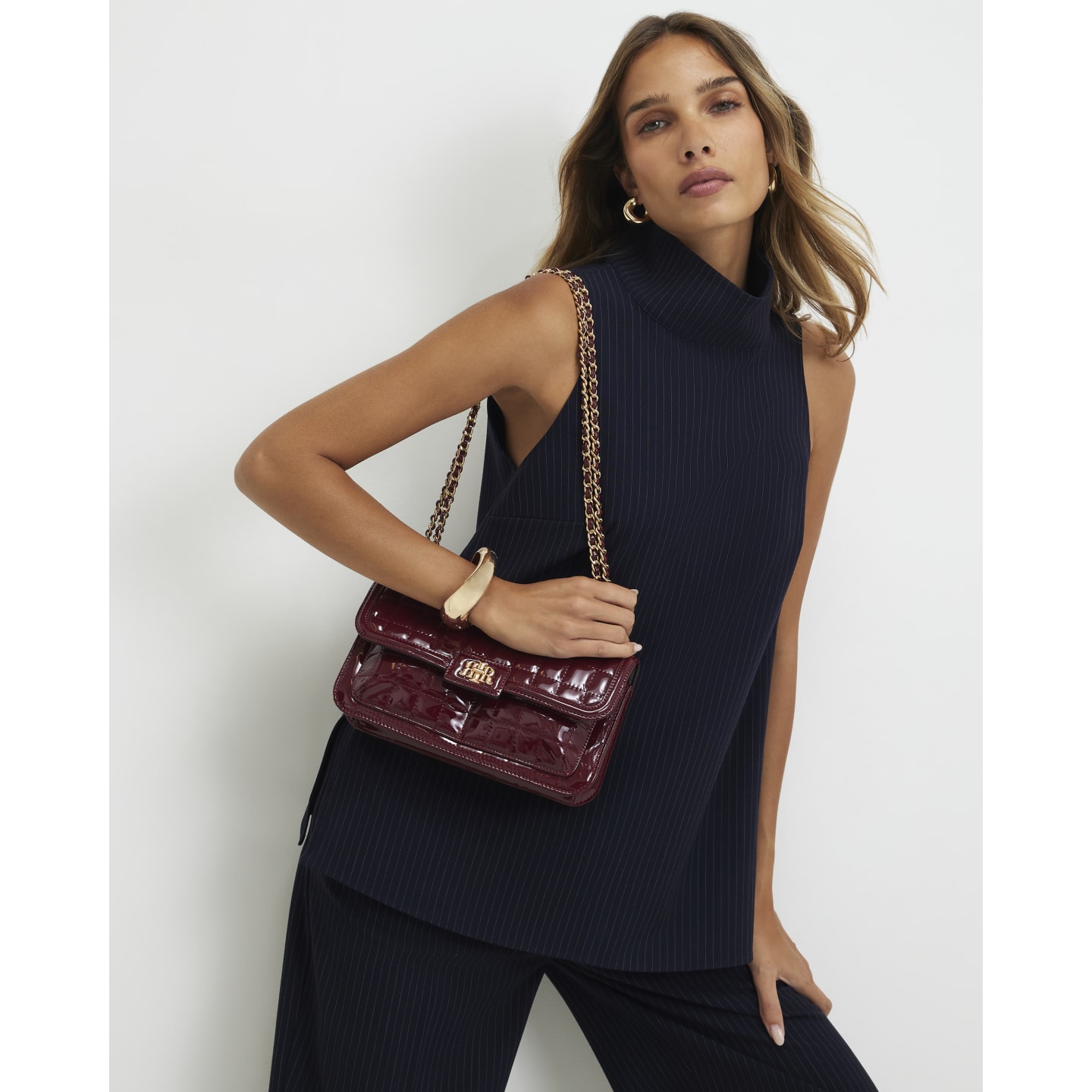 River Island Navy Pinstripe High Neck Top — photo 1 of 1