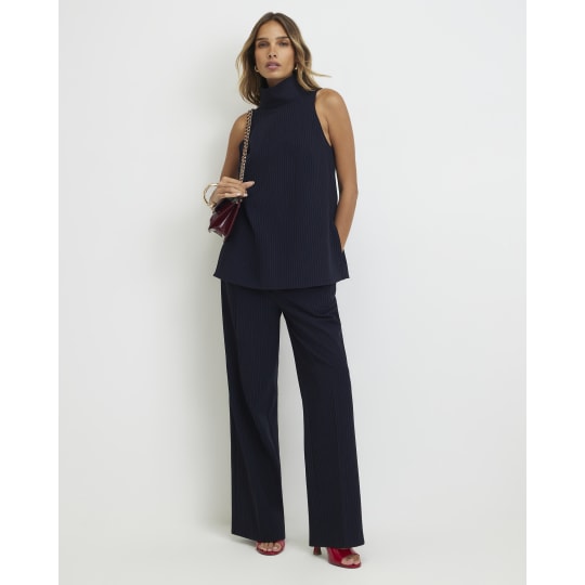River Island Navy Pinstripe Pleated Wide Leg Trousers