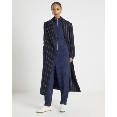 Navy Pinstripe Tapered Trousers