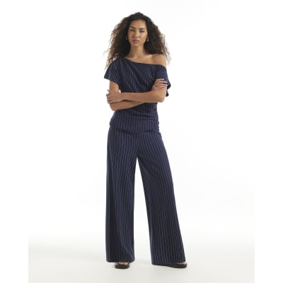 Navy Pinstripe Wide Leg Trousers