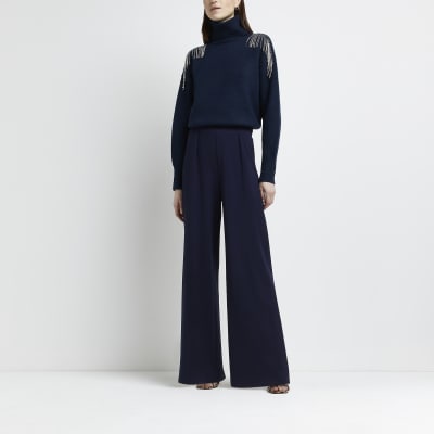 navy pleated trousers