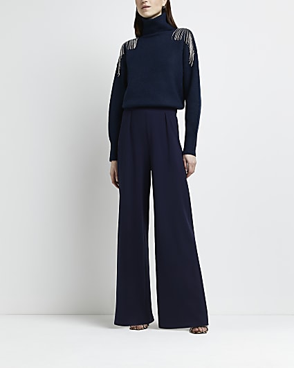 Navy pleated wide leg trousers
