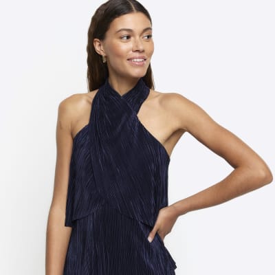 Navy plisse halter neck top | River Island