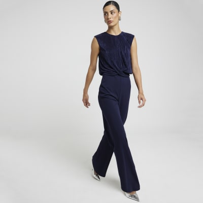 Navy plisse top wide leg jumpsuit River Island