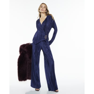 Navy Plisse Wide Leg Trousers
