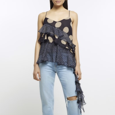 Navy polka dot ruffle cami top | River Island