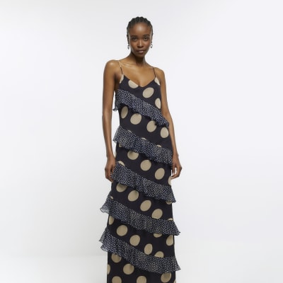 Navy polka dot ruffle maxi dress | River Island