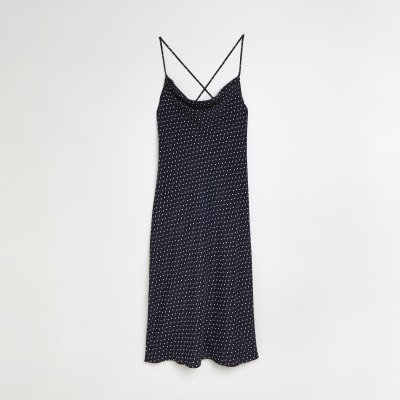 Navy polka dot satin slip midi dress