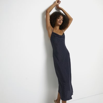 Navy polka dot satin slip midi dress | River Island