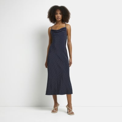 Navy polka dot satin slip midi dress | River Island