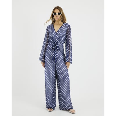 Navy Polka Dot Tie Front Jumpsuit