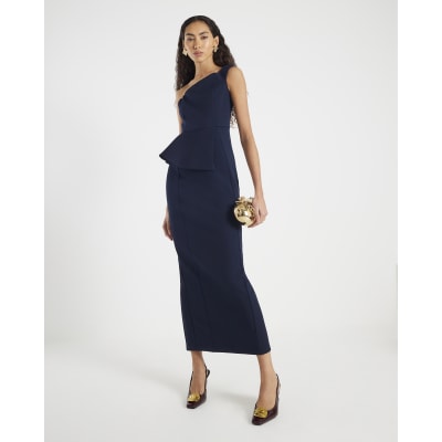 Navy Premium Asymmetric Frill Maxi Dress