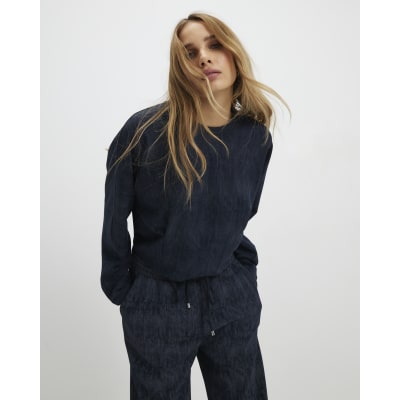 Navy Premium Crinkle Effect Batwing Top