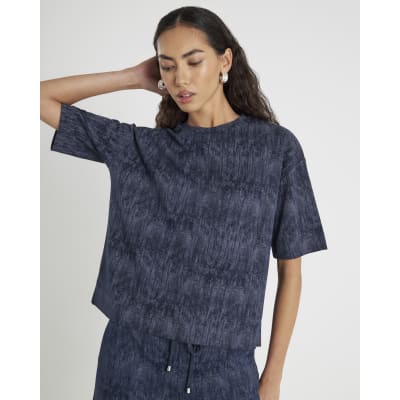 Navy Premium Crinkle Effect Boxy T-shirt