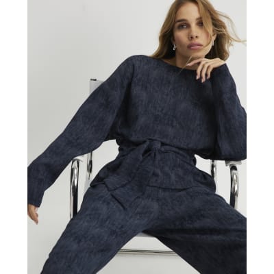 Navy Premium Crinkle Effect Tie Front Top