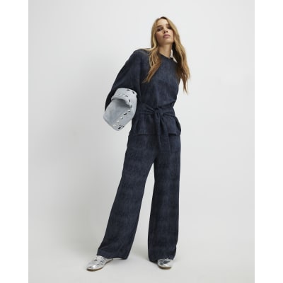 Navy Premium Crinkle Effect Wide Leg Joggers