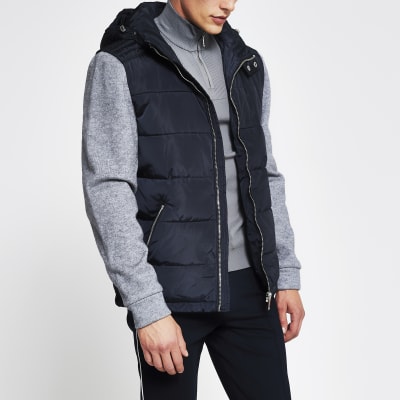 Navy quilted body knit sleeve coat River Island