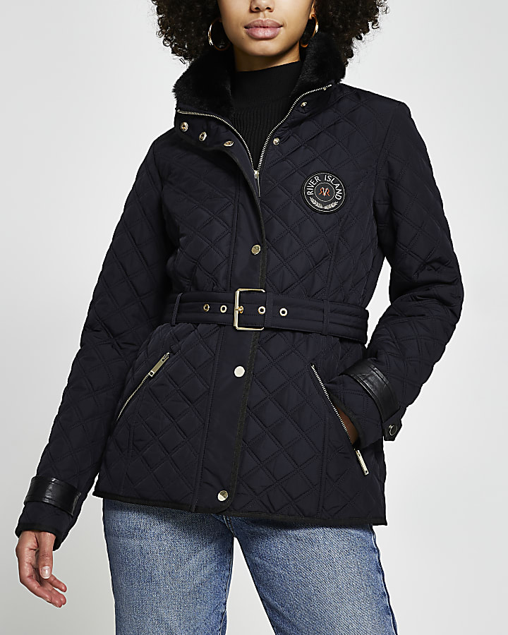 Navy quilted padded belted jacket
