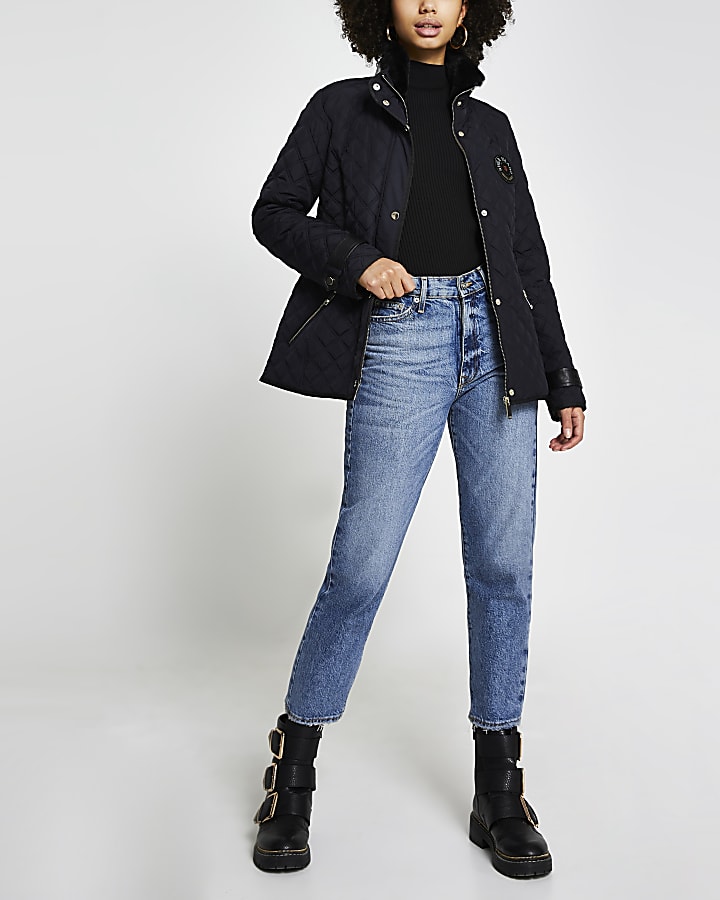 Navy quilted padded belted jacket