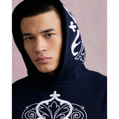 Navy Regular Fit Baroque Embroidered Hoodie | River Island