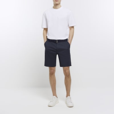 Navy regular fit belted chino shorts