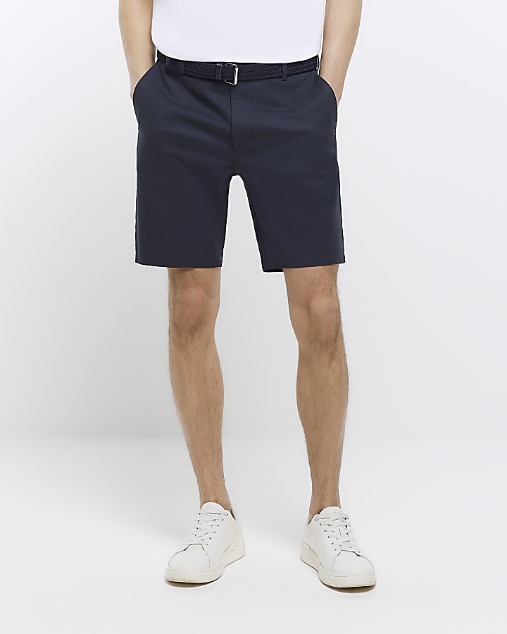 Navy regular fit belted chino shorts