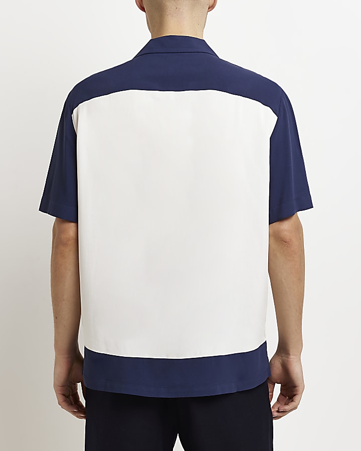 Navy Regular fit colour block Revere Shirt