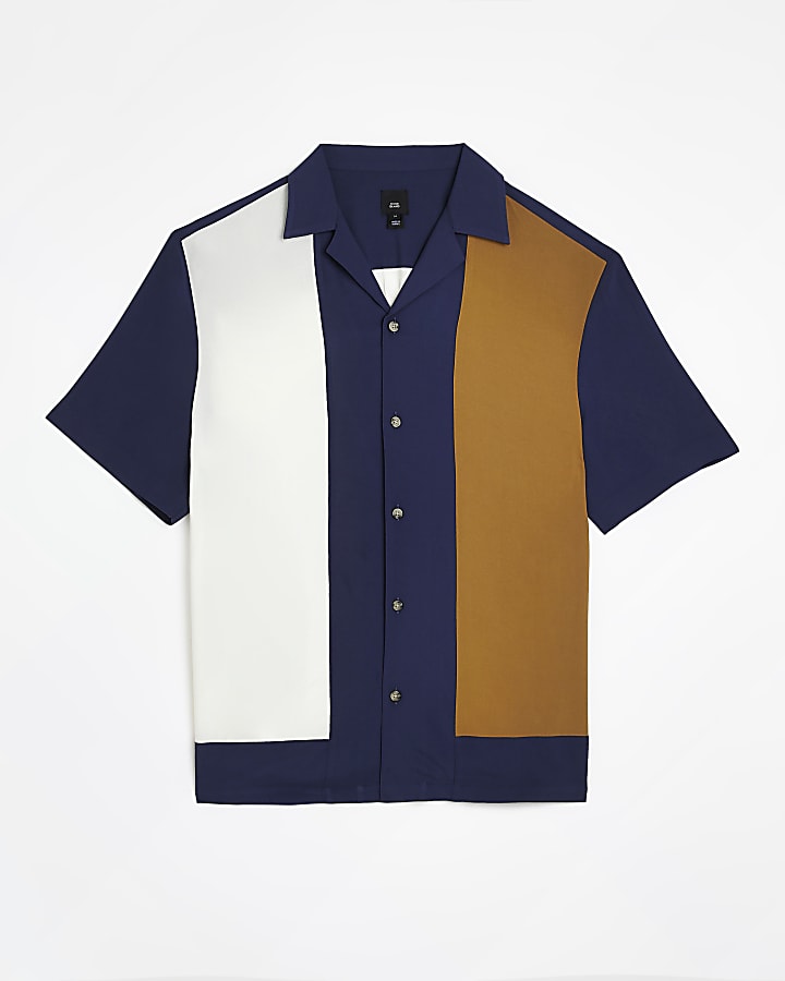 Navy Regular fit colour block Revere Shirt