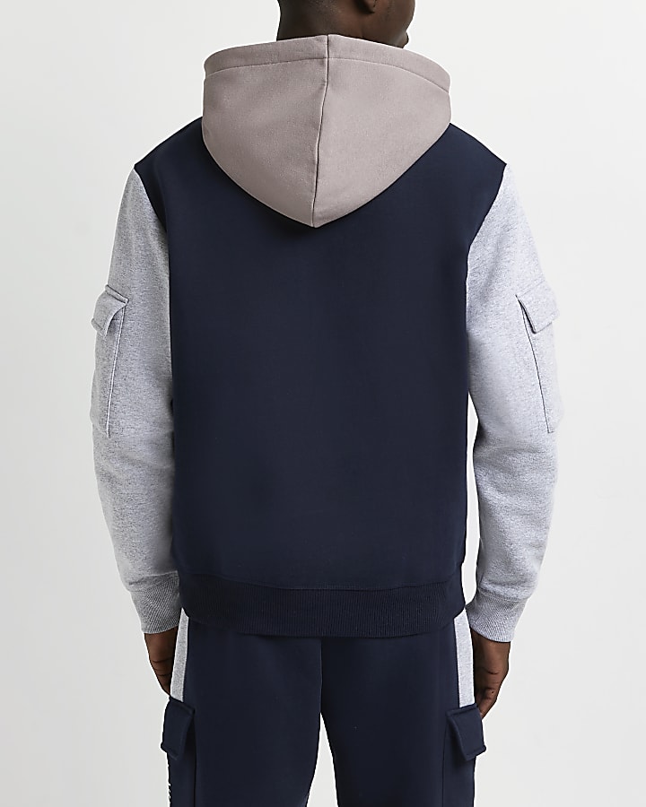 Navy regular fit colour block utility hoodie