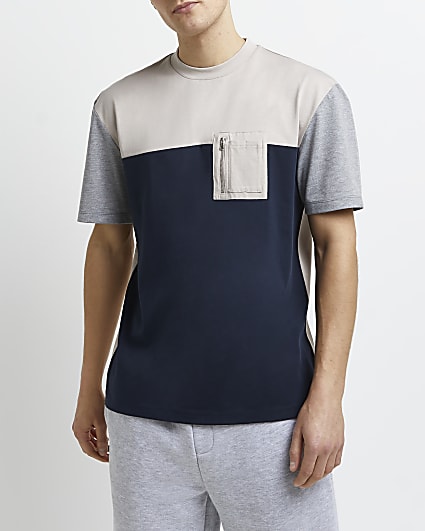 Navy regular fit colour block zip t-shirt