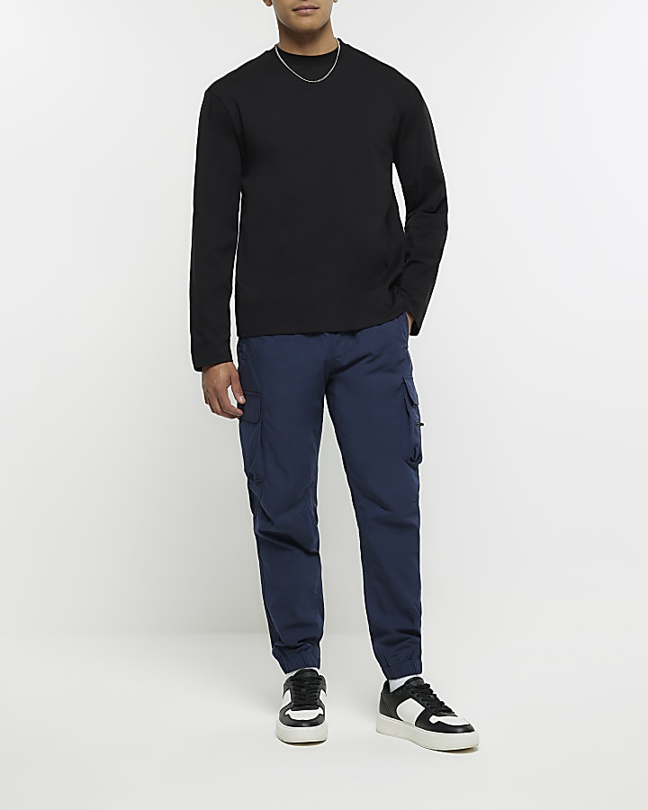 Navy regular fit cuffed cargo trousers