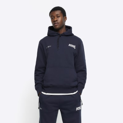 Navy regular fit embossed graphic hoodie | River Island