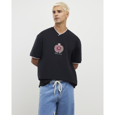 Navy Regular Fit Football V Neck T-Shirt