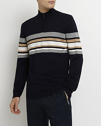 Navy Regular fit half zip stripe Knit jumper
