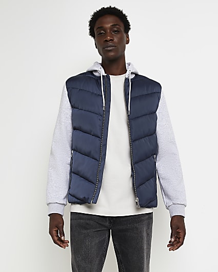 Navy Regular fit Hooded Hybrid Quilted Jacket