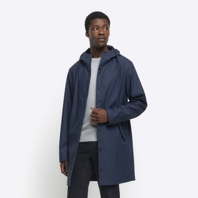 Navy regular fit hooded rain coat | River Island