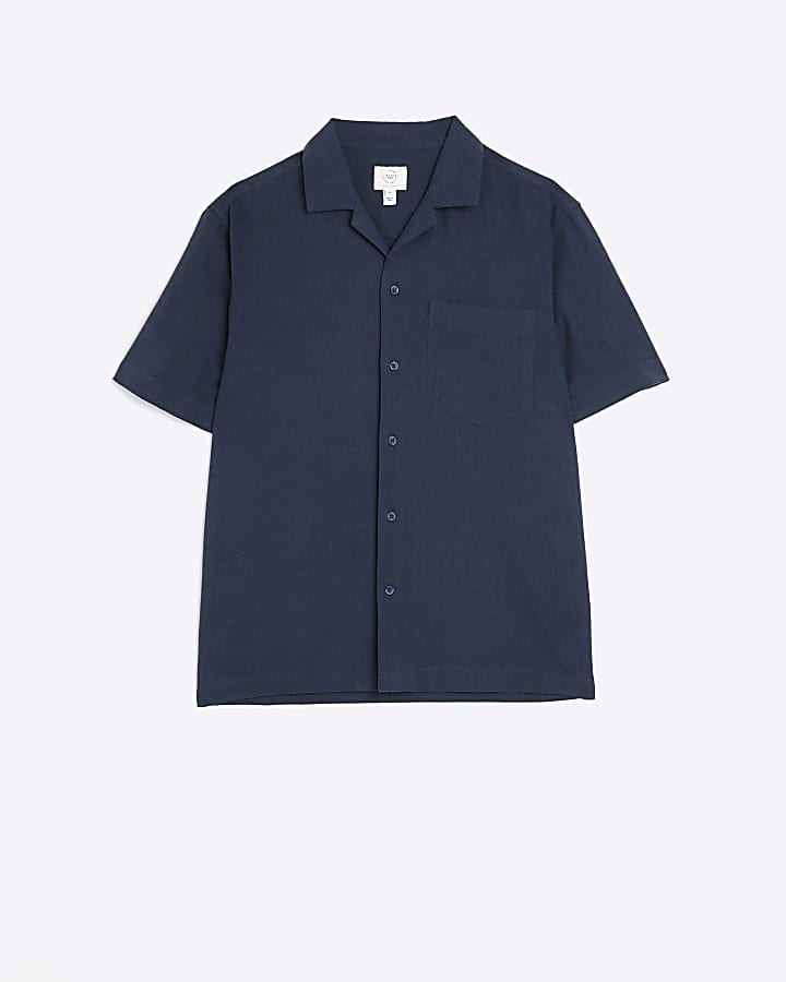 Navy regular fit linen blend revere shirt