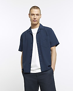Navy regular fit linen blend revere shirt