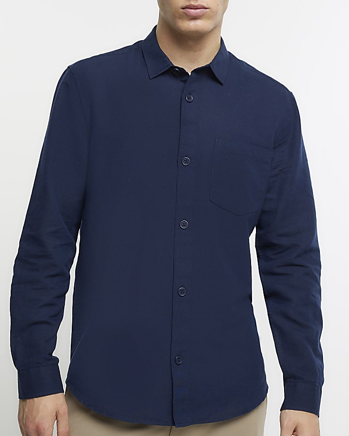 Navy regular fit linen blend smart shirt
