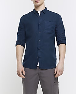 Navy regular fit lyocell embroidered shirt