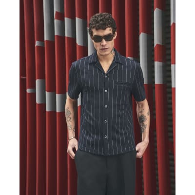Navy Regular Fit Pinstripe Short Sleeve Shirt