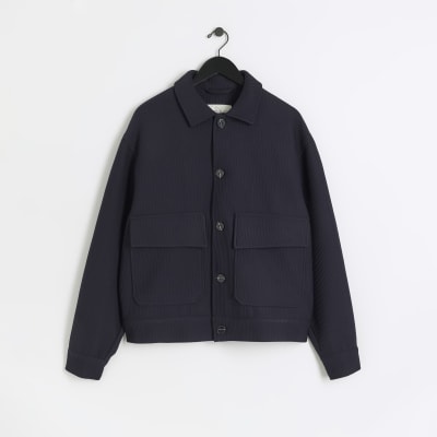 Navy regular fit plisse harrington jacket River Island